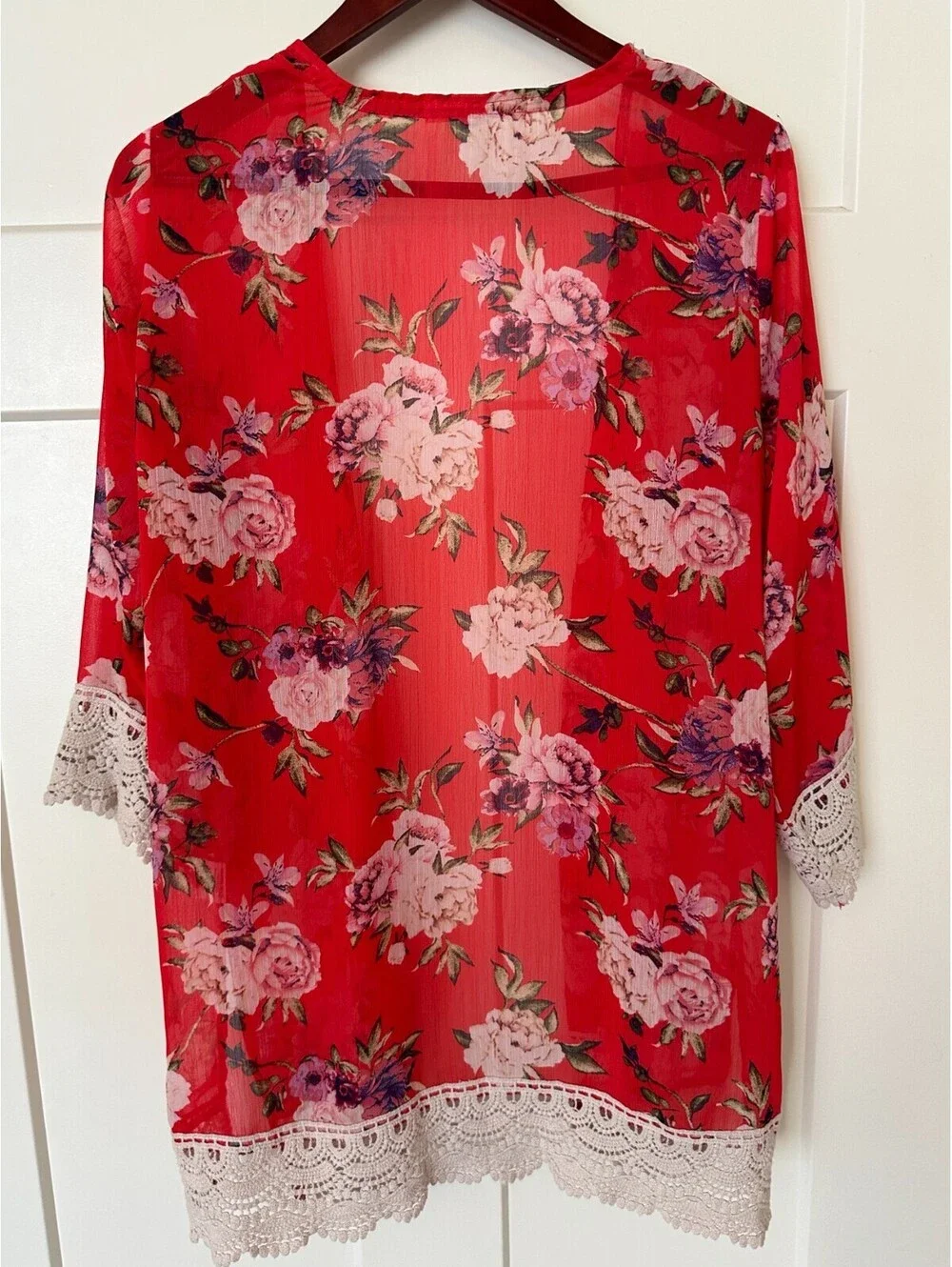 Rewind Red Floral Sheer Kimono with Crochet Lace Trim, Size